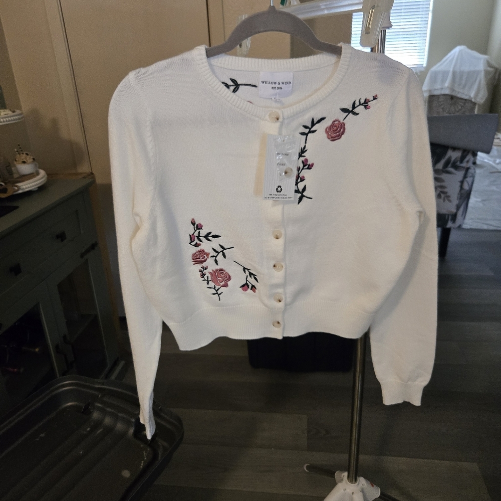 William & Kent Cream Cardigan with Pink Rose Embroidery